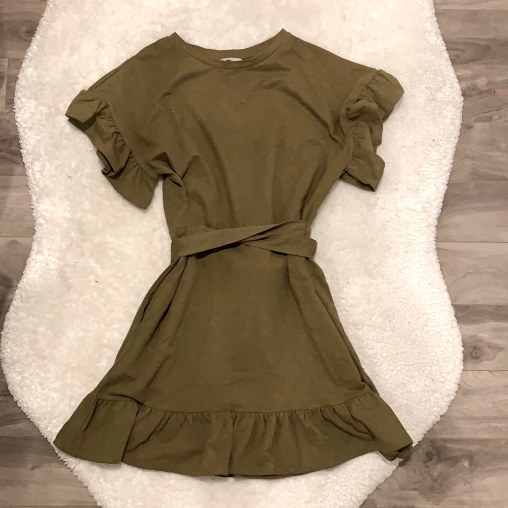 Military green dress with ruffles and waist belt